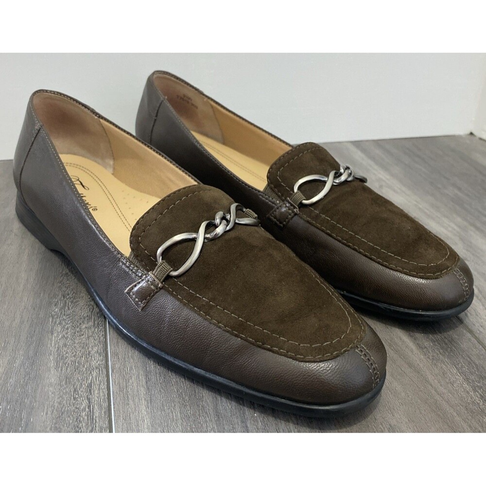 Trotters Shoes Womens 9.5 N Loafers Brown Suede Leather Pewter Infinity Bit
